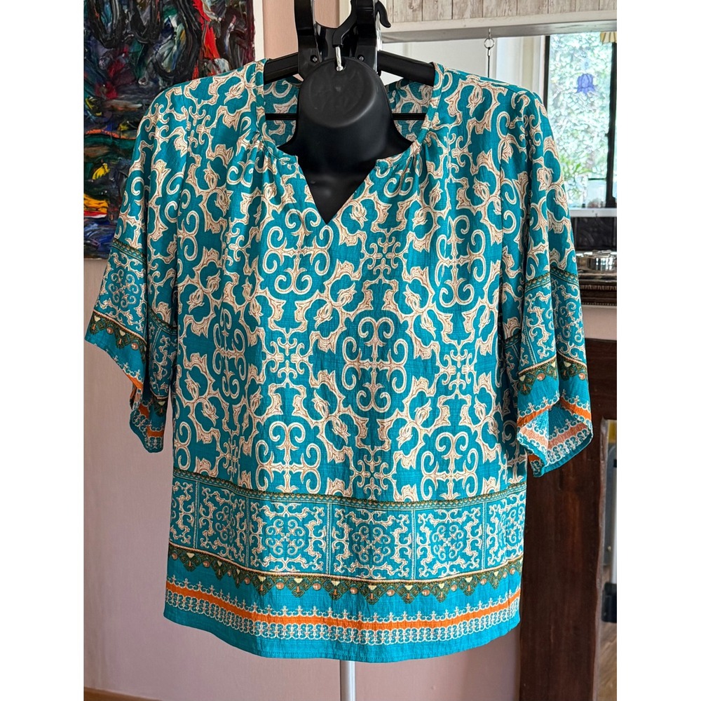 Boho Bell Sleeve Damask Print Split V-Neck Teal Blouse Top SKU 575B
